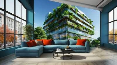 Eco-friendly building in the modern city. Sustainable glass office building with tree for reducing carbon dioxide. Office building with green environment. Corporate building reduce CO2. Wall mural