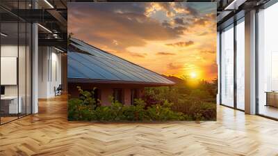 Panel solar energy photovoltaic power roof sun home cell system green house eco industry. Solar energy building panel future electric engineer technology ecology sunset nature station sky light work Wall mural