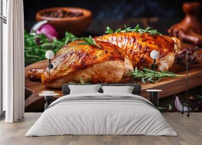 Closeup of tasty roast chicken breast served on wooden board. Grilled chicken. Wall mural