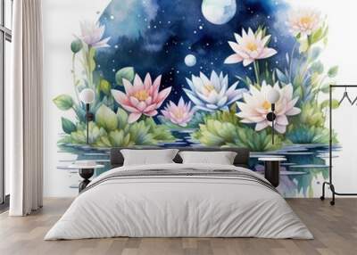 Floral Moon and Water Lilies on a white background. Wall mural