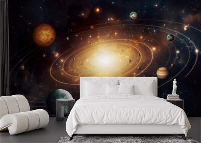 our 3d solar system with planets in orbits path. Wall mural