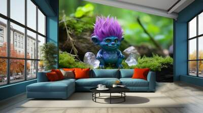 Tale troll with crystals in the forest, natural green background. Wall mural