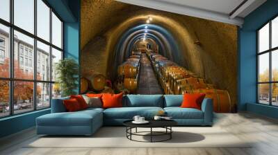 Wine barrels stacked in an old cellar at a winery in Sonoma, USA Wall mural