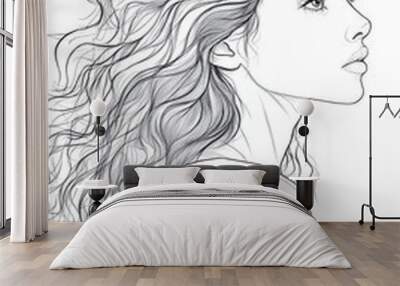 A black and white profile of a young woman with flowing hair, drawn in a simple and clean outline Wall mural