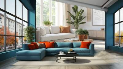 A bright and inviting living room with mid-century modern influences Wall mural