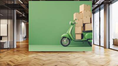 A bright green retro-style scooter loaded with multiple cardboard boxes, set against a soft Wall mural