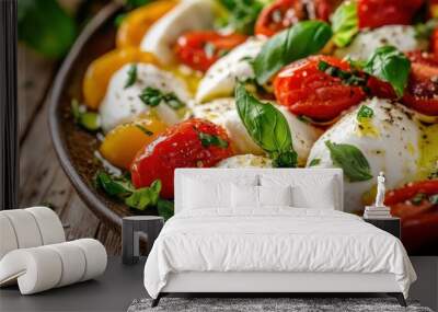 A close-up of a beautifully plated dish featuring soft mozzarella cheese, colorful roasted cherry Wall mural