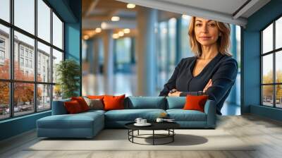 A confident woman standing in an empty, modern office space, arms crossed Wall mural