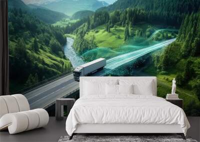 A futuristic long-haul truck drives autonomously over a bridge in a scenic, green forested area Wall mural