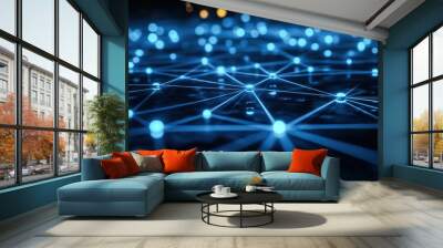 A futuristic visual representation of a digital network with glowing blue lines connecting Wall mural