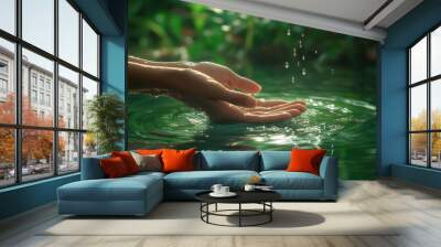 A serene image of hands gently holding a pool of crystal-clear water Wall mural