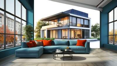 A sleek, two-story modern house with floor-to-ceiling glass windows, solar panels on the roof Wall mural