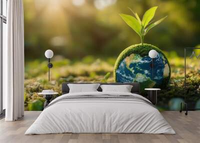 A small, moss-covered Earth globe with a green plant sprouting from the top Wall mural