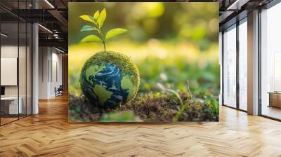 A small, moss-covered Earth globe with a green plant sprouting from the top Wall mural