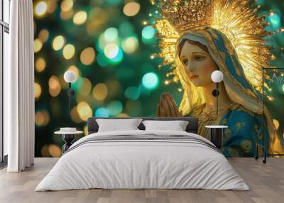 A stunningly ornate statue of the Virgin Mary dressed in royal blue and gold Wall mural