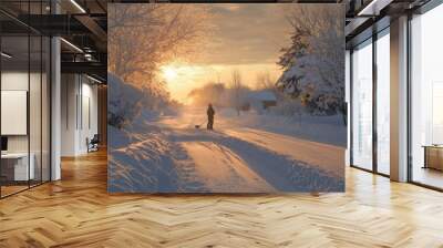 An early morning winter scene with a person shoveling snow from a driveway Wall mural