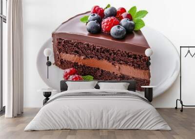 Closeup of a chocolate cake slice with delicious glaze and berries Wall mural