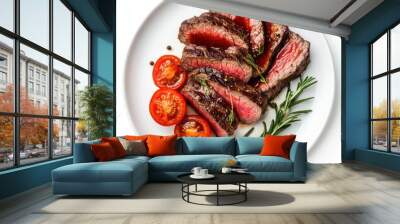 Grilled sliced Beef Steak with sauce, tomatoes and rosemary on a white plate Isolated Wall mural