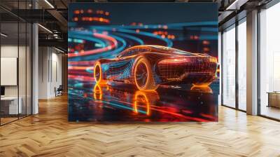 3D illustration showcasing a futuristic car technology concept with wireframe intersection, highlighting innovative design. Wall mural