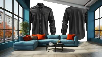 3D realistic vector illustration of a mens classic black shirt with long sleeves and chest pockets displayed in front side and back views Isolated on white Wall mural