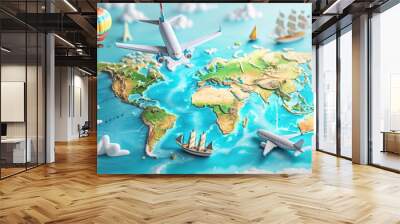 3D web vector illustrations showcasing airplane trips around the world with travel pin locations on a global map. Wall mural