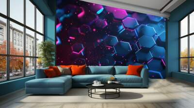 A dark hexagon abstract technology background features blue and pink-colored bright flashes under hexagons, creating an engaging visual aesthetic. Wall mural