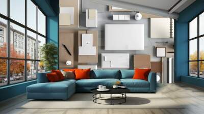 A flat lay presentation of interior design material boards is depicted offering inspiration for architecture or home office decoration in a 3D illustration Wall mural