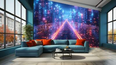 A futuristic night cityscape against a dark background, highlighted by bright neon blue lights. This wide city front perspective view is rendered in cyberpunk and retro wave styles. Wall mural