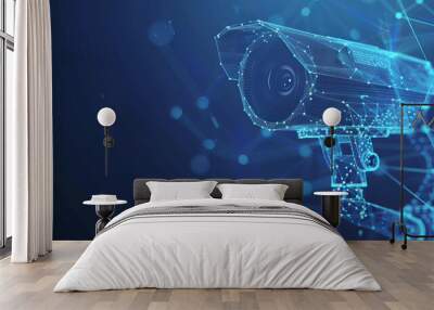 A low polygon CCTV security camera wireframe mesh displayed on a blue background. Wall mural