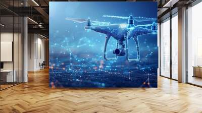 Abstract depiction of a drone with action video camera against a dark blue backdrop, characterized by lines and dots forming a polygonal low poly structure. Wall mural