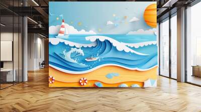 Abstract paper art depicting a summer sea scenery with splashing seawater and beach equipment on the shore Crafted in vector illustration Wall mural