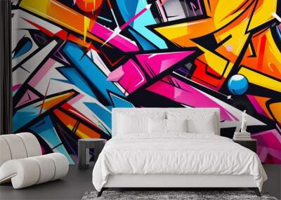 Abstract urban street art graffiti style vector illustration template background in colorful cyber metaverse theme. Wall mural