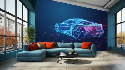 Abstract vector illustration of a modern car in a digital futuristic polygonal style, isolated on a dark blue background. Wall mural