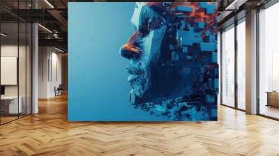 An abstract digital human head is constructed from cubes presenting a minimalistic design for business presentations flyers or posters embodying technology and robotics concepts in a 3D Wall mural