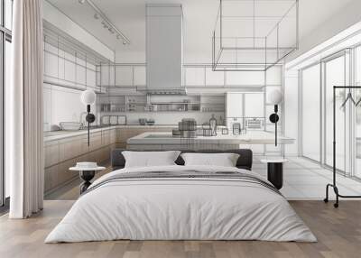 An abstract sketch design of an interior kitchen is rendered in 3D, offering a unique perspective on the space. Wall mural