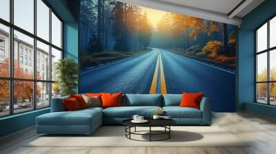 An empty road is depicted with a blurred background to convey motion. Wall mural