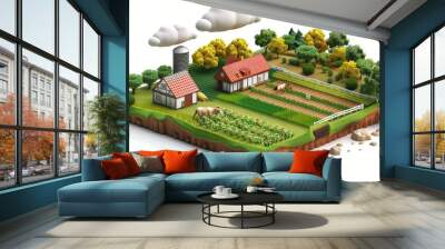 An isolated farm with crops on a cutaway piece of land is depicted, set against a backdrop of clouds. This 3D illustration showcases an empty green farm in an isometric farmland view. Wall mural