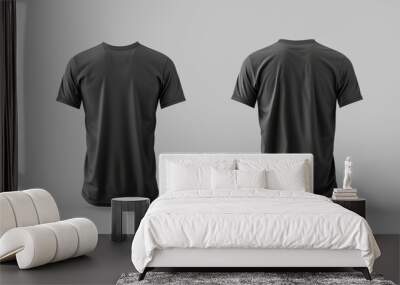 Blank black clean t-shirt mockup, isolated and showcasing front and back views in 3D rendering. This mockup serves as a template for football clothes, presented in a classic short style. Wall mural