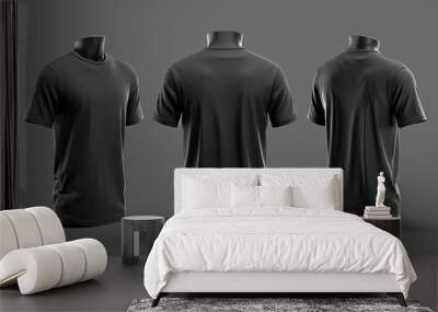 Blank black clean t-shirt mockup, isolated and showcasing front and back views in 3D rendering. This mockup serves as a template for football clothes, presented in a classic short style. Wall mural