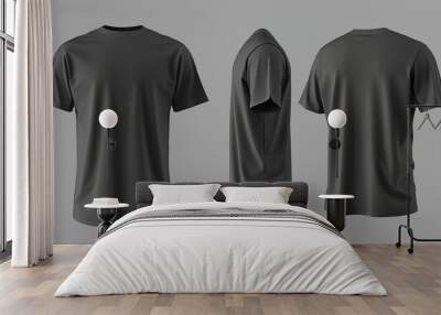 Blank black clean t-shirt mockup, isolated and showcasing front and back views in 3D rendering. This mockup serves as a template for football clothes, presented in a classic short style. Wall mural