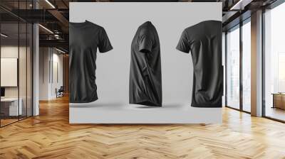 Blank black clean t-shirt mockup, isolated and showcasing front and back views in 3D rendering. This mockup serves as a template for football clothes, presented in a classic short style. Wall mural