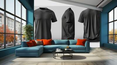 Blank black clean tshirt mockup isolated in front and back views 3D rendering Empty gray undershirt model mockup Clear dark classic soccer shirt template Wall mural