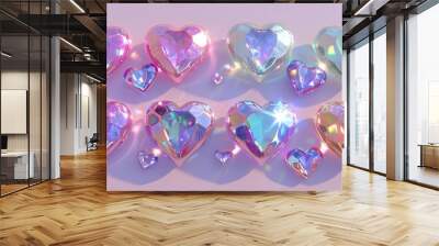 Collection of heart and gem holographic decorations, packed and isolated on a background in a 3D rendering. Wall mural