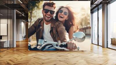 Couple in adore riding a motorbike Good looking fellow and youthful provocative lady travel Youthful riders getting a charge out of themselves on trip Experience and excursions concept Wall mural