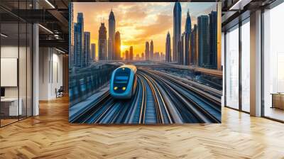 Dubai cityscape featuring a modern metro railway and skyscrapers at sunset with the Museum of the Future and urban skyline in the background Wall mural