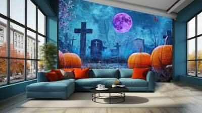 Halloween fantasy with orange pumpkins glowing under a violet moon in a creepy setting. Wall mural