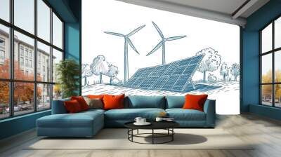 Handdrawn sketch of solar panels and wind turbines representing alternative energy sources in a vector illustration design Wall mural