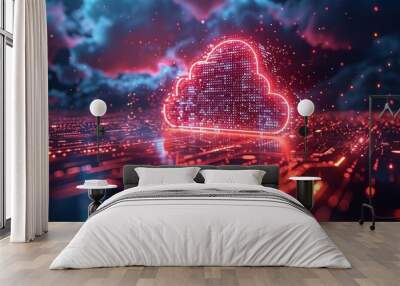 Illustration depicting digital cloud computing, cyber security, and data network protection concepts, portraying future technology and digital data network connections. Wall mural