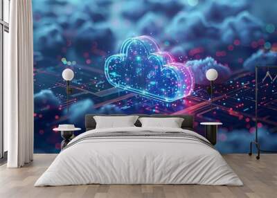 Illustration depicting the concept of cloud computing technology, emphasizing its significance in modern internet-based systems and services. Wall mural