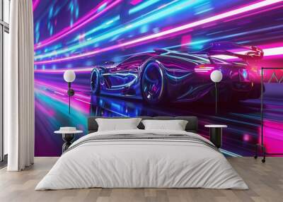 Illustration of a futuristic sports car speeding on a neon highway at night, showcasing powerful acceleration and colorful lights. 3D Wall mural